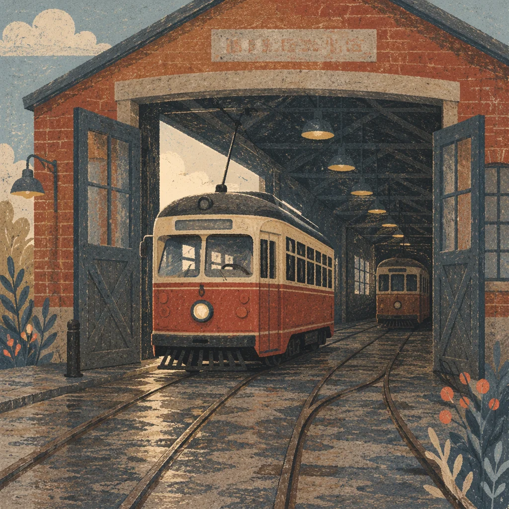Vintage Streetcar Emerging Through Sunlit Garage Door