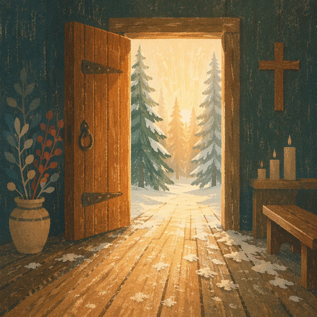Open Chapel Door with Golden Evergreen Dawn