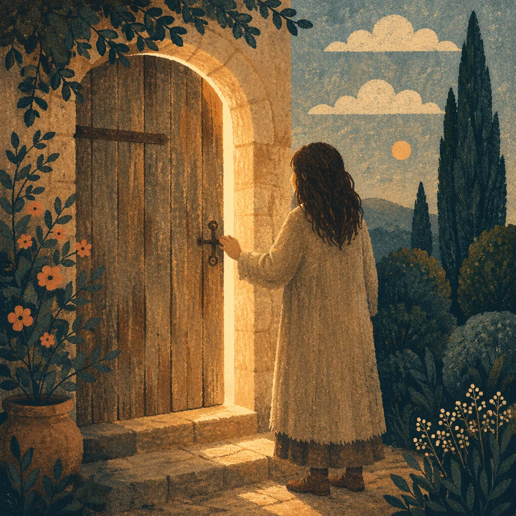 Open Wooden Door with Hopeful Golden Light