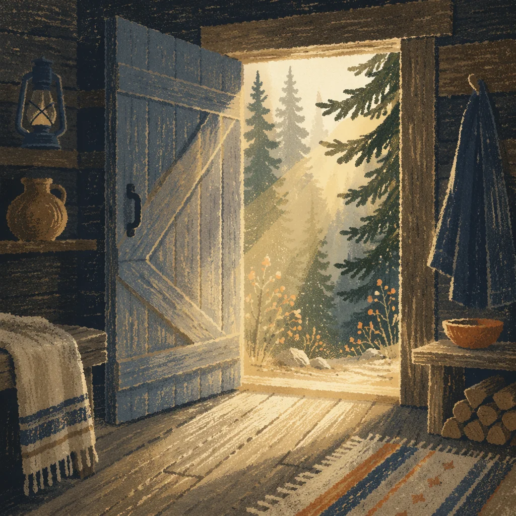 Open Cabin Door to Evergreen Morning Light