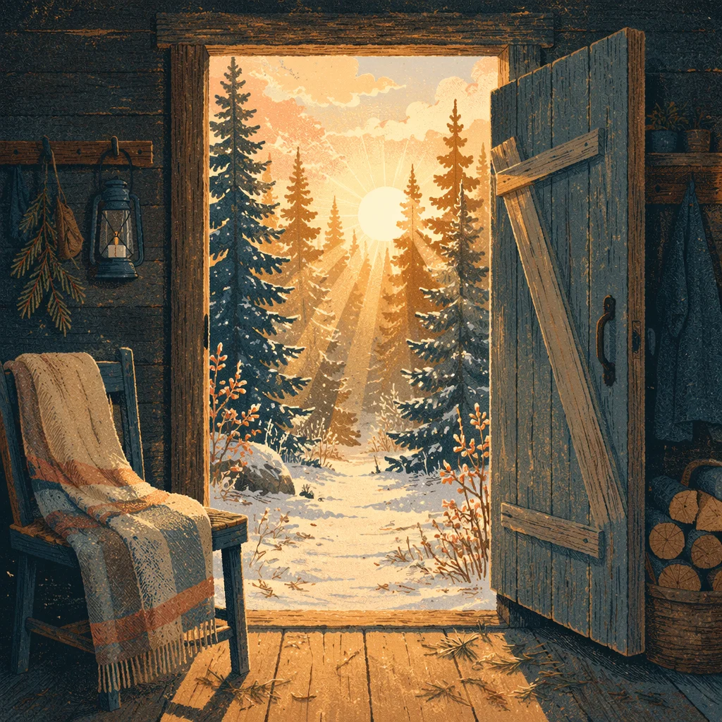 Open Cabin Door to Evergreen Dawn