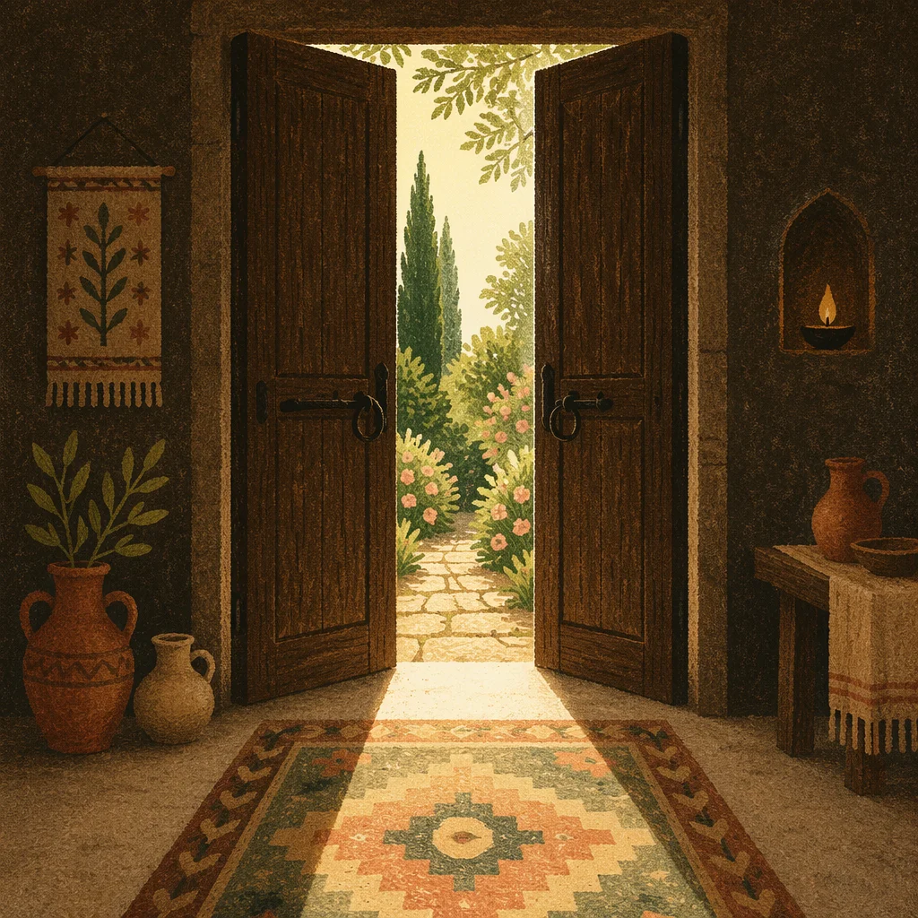 Open Rustic Door with Evergreen Light