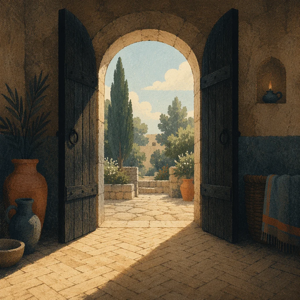 Open Arched Doorway with Evergreen Light