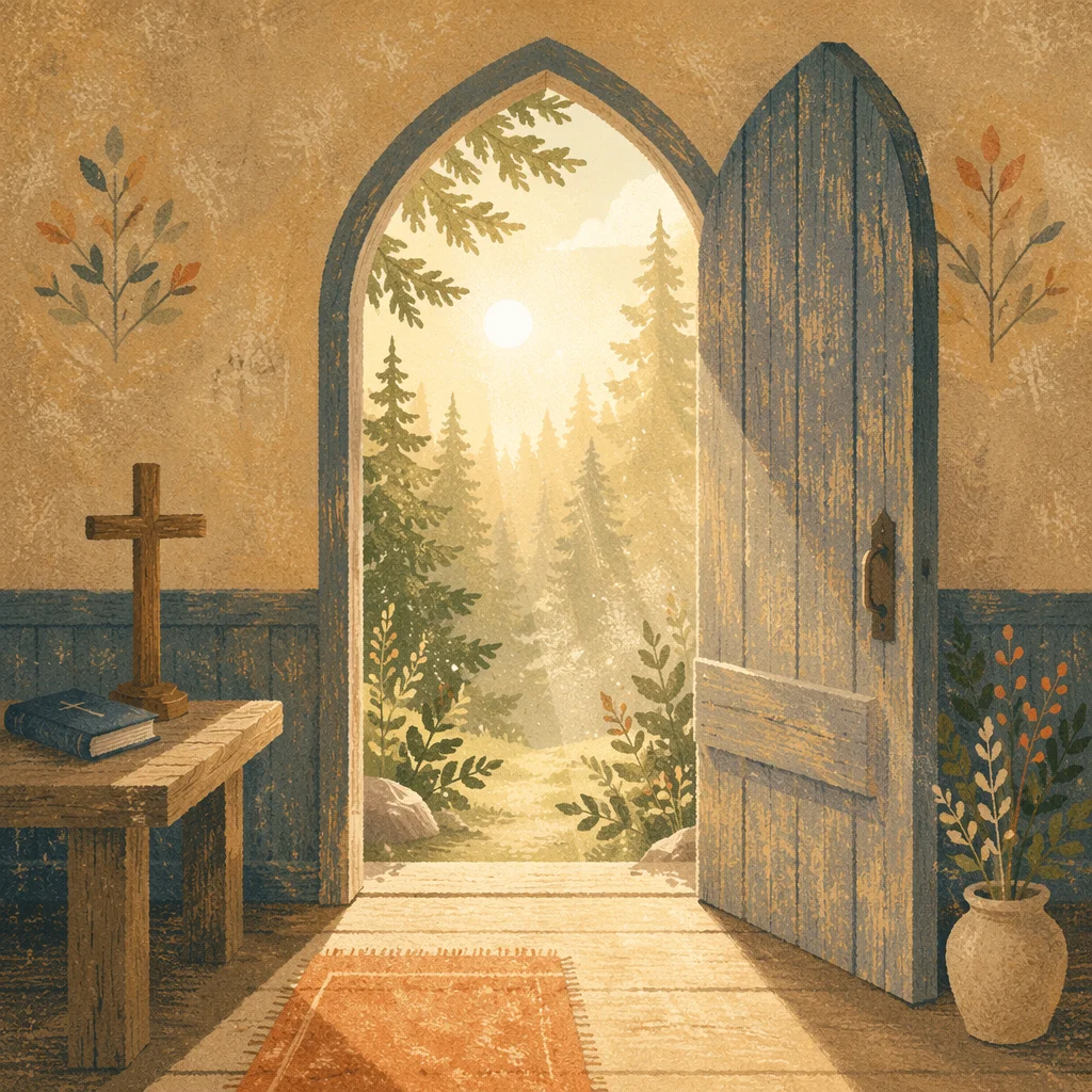 Open Chapel Door in Evergreen Morning Light