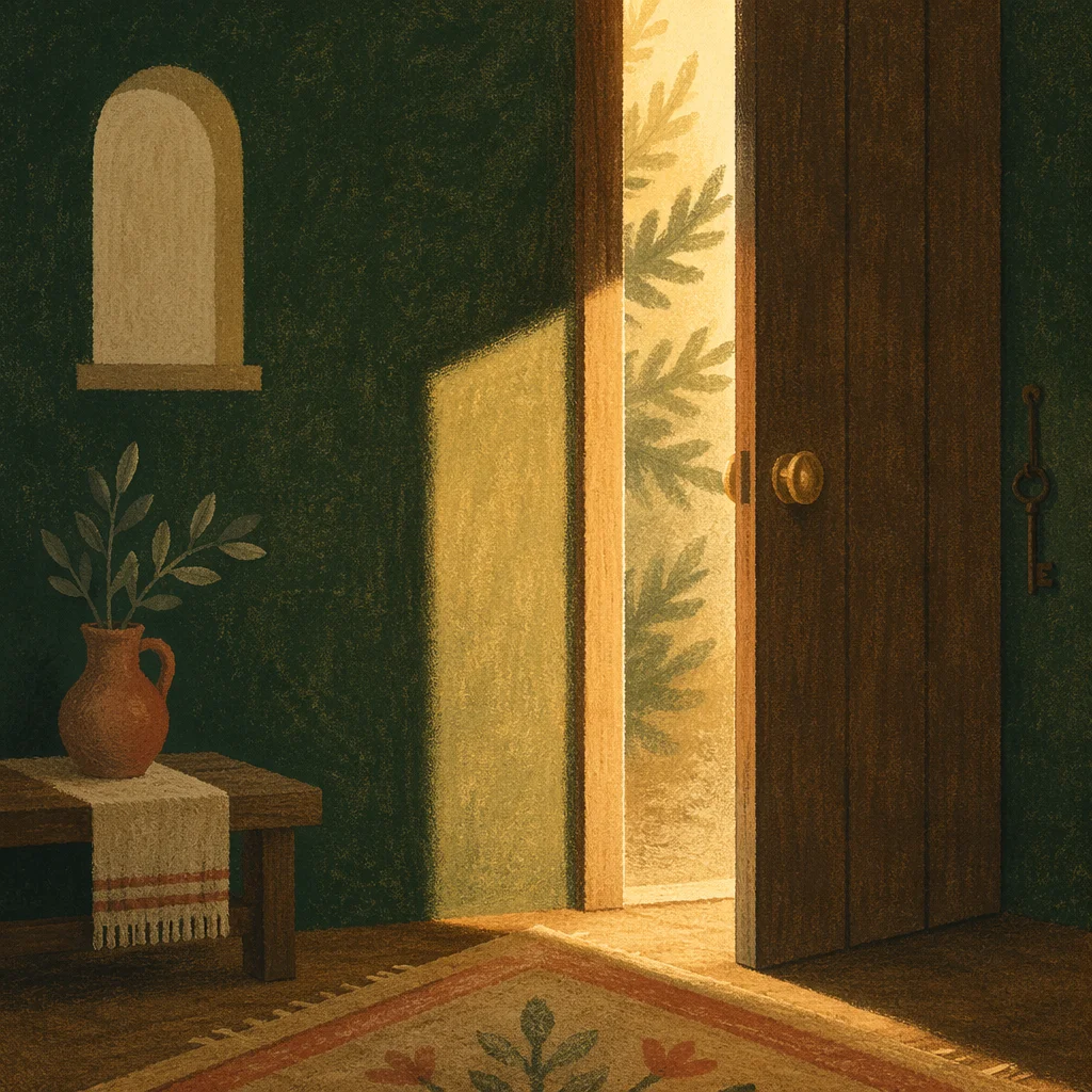 Open Wooden Door with Golden Morning Light