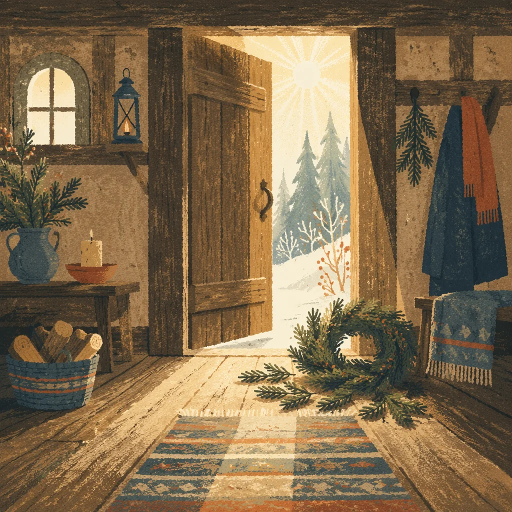 Open Timber Door with Evergreen Morning Light