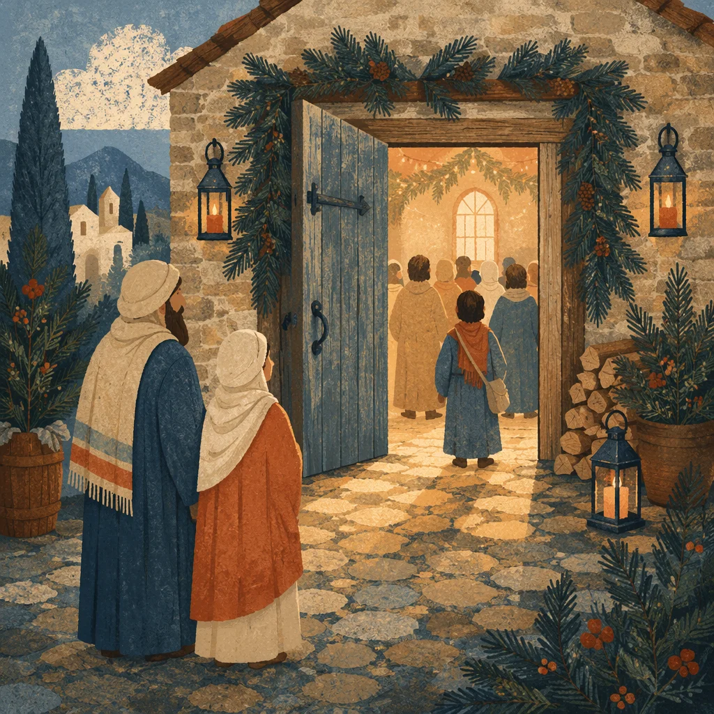 Open Rustic Door with Evergreen Light
