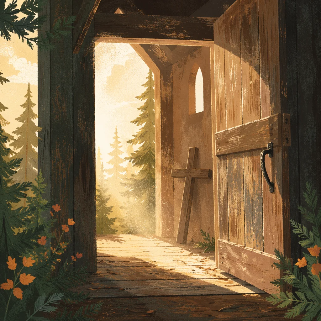 Open Chapel Door in Evergreen Light