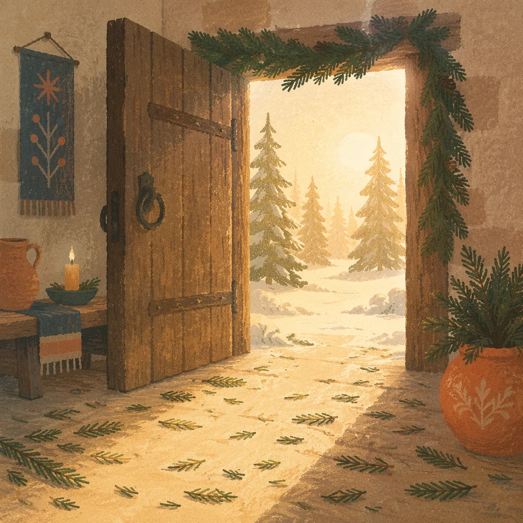 Open Door With Evergreen Morning Light
