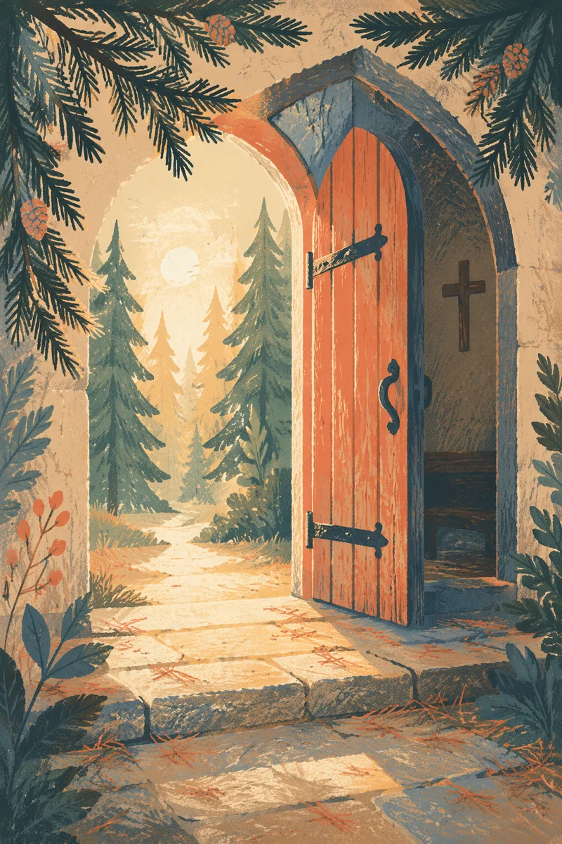 Open Chapel Door in Evergreen Light