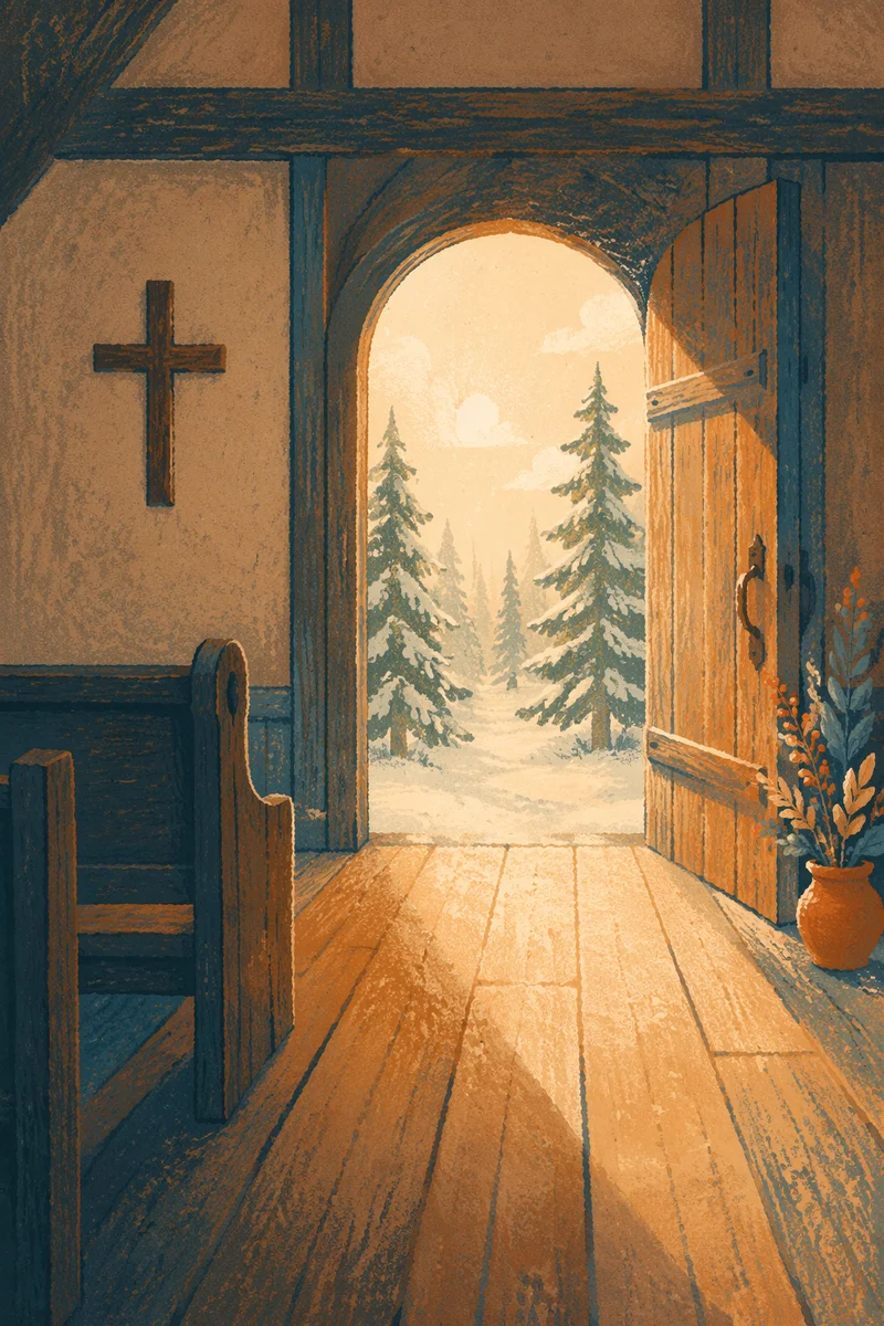 Open Chapel Door With Golden Winter Light