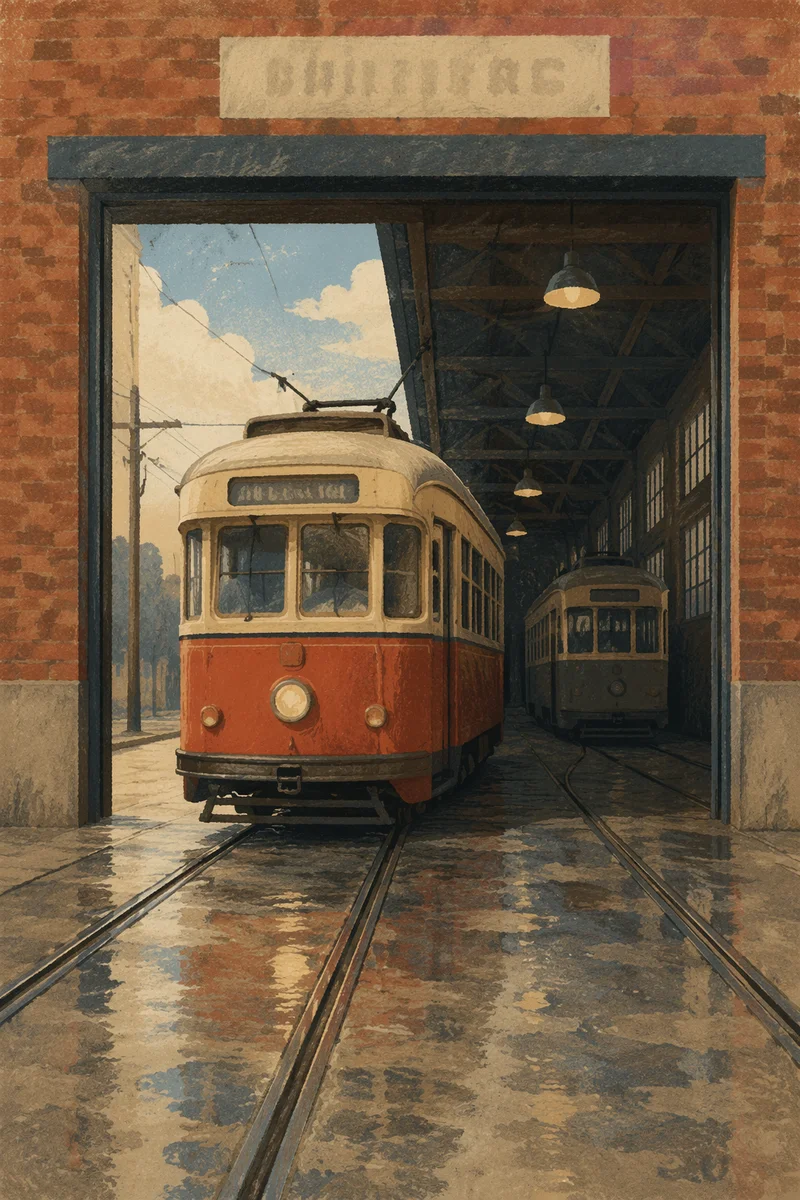Vintage Streetcar Emerging Through Open Garage Door