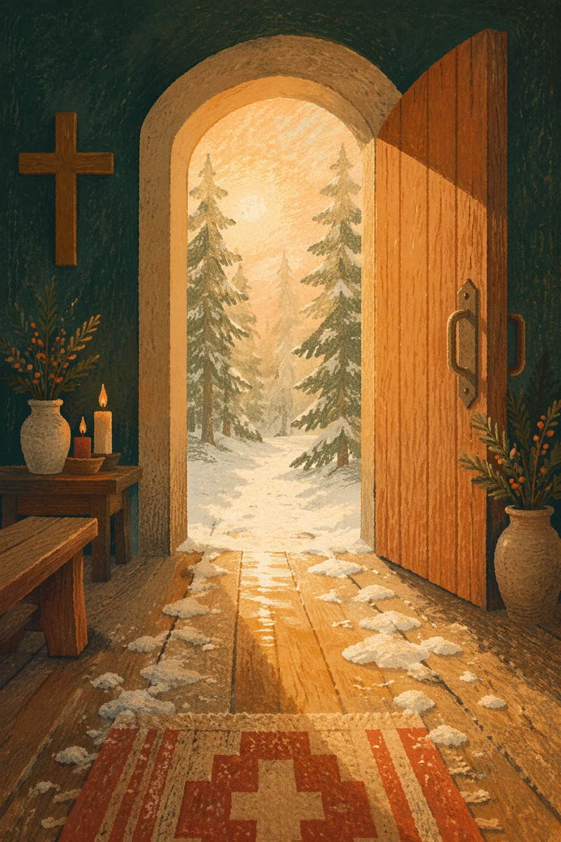 Open Chapel Door With Golden Dawn Light