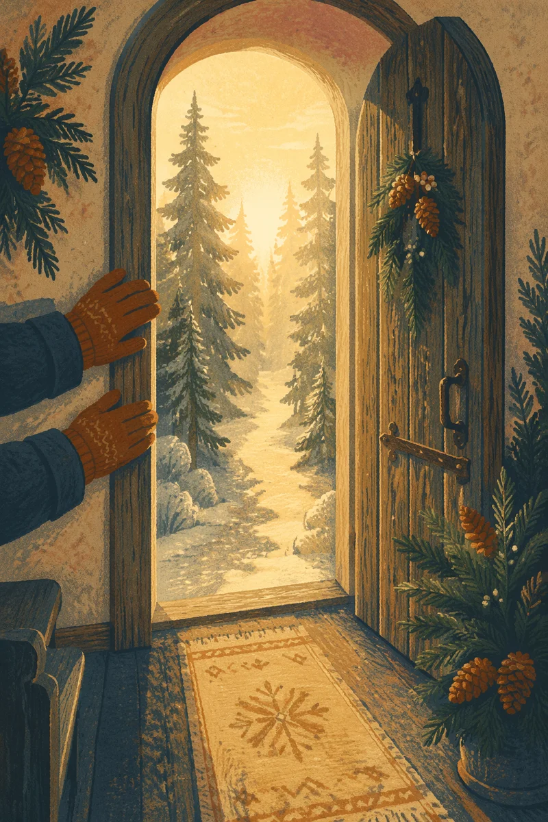 Open Chapel Door with Evergreen Dawn Light