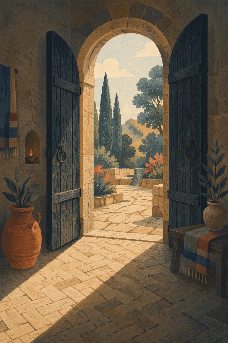 Open Stone Doorway with Evergreen Light