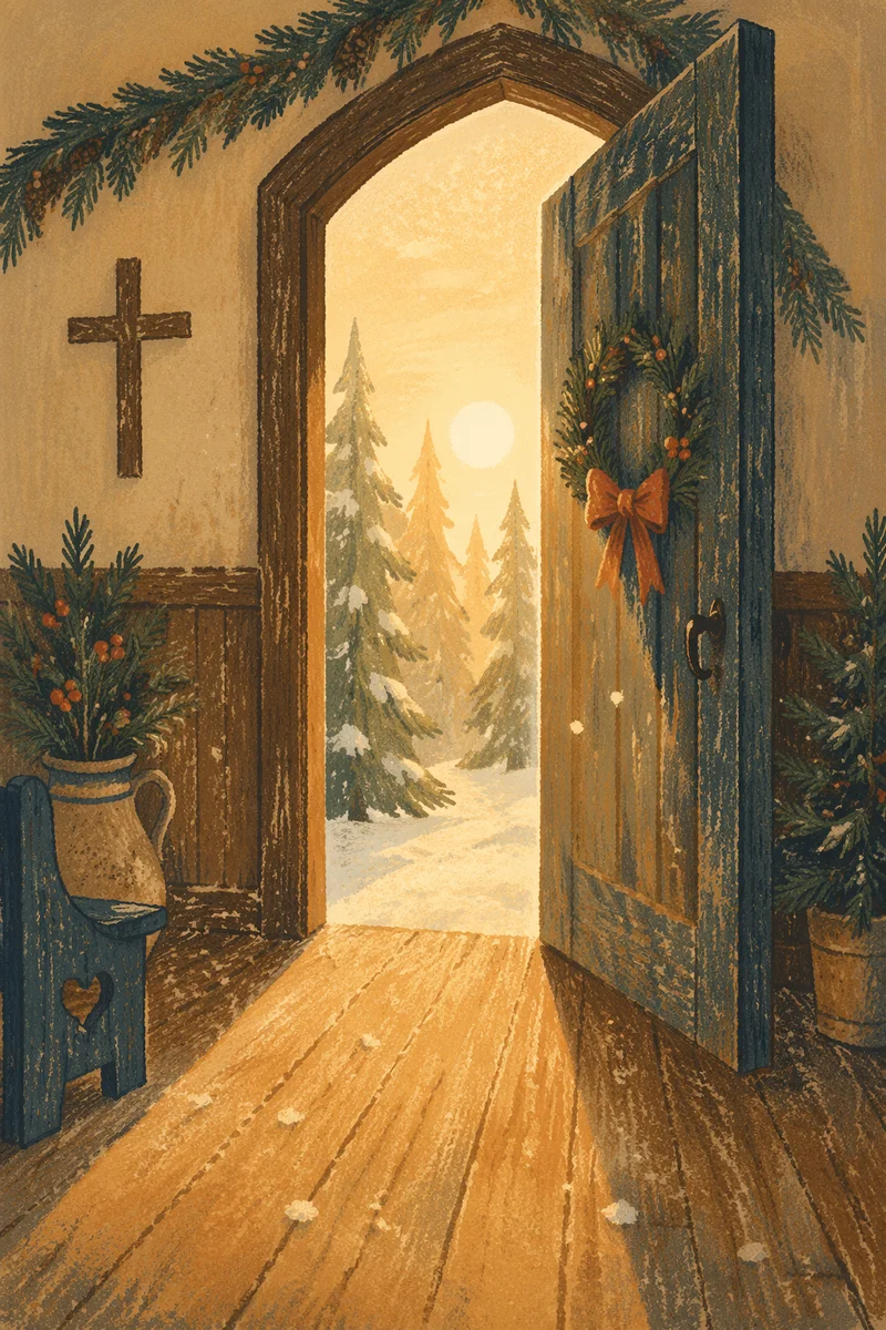 Open Chapel Door with Evergreen Light