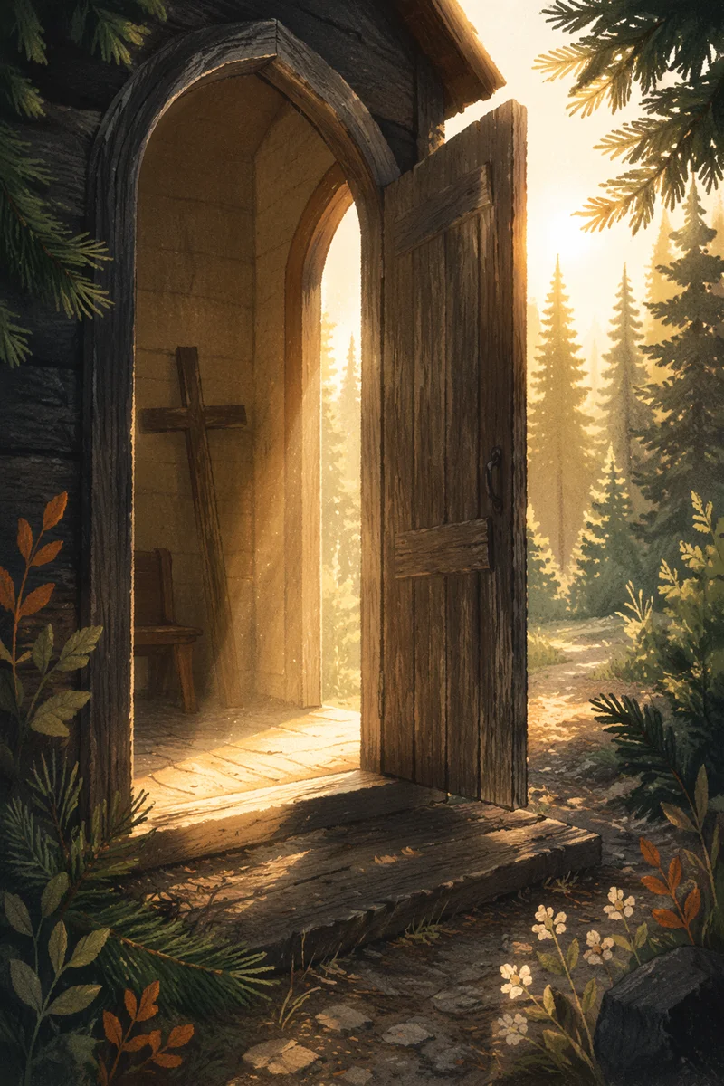 Open Chapel Door in Evergreen Light