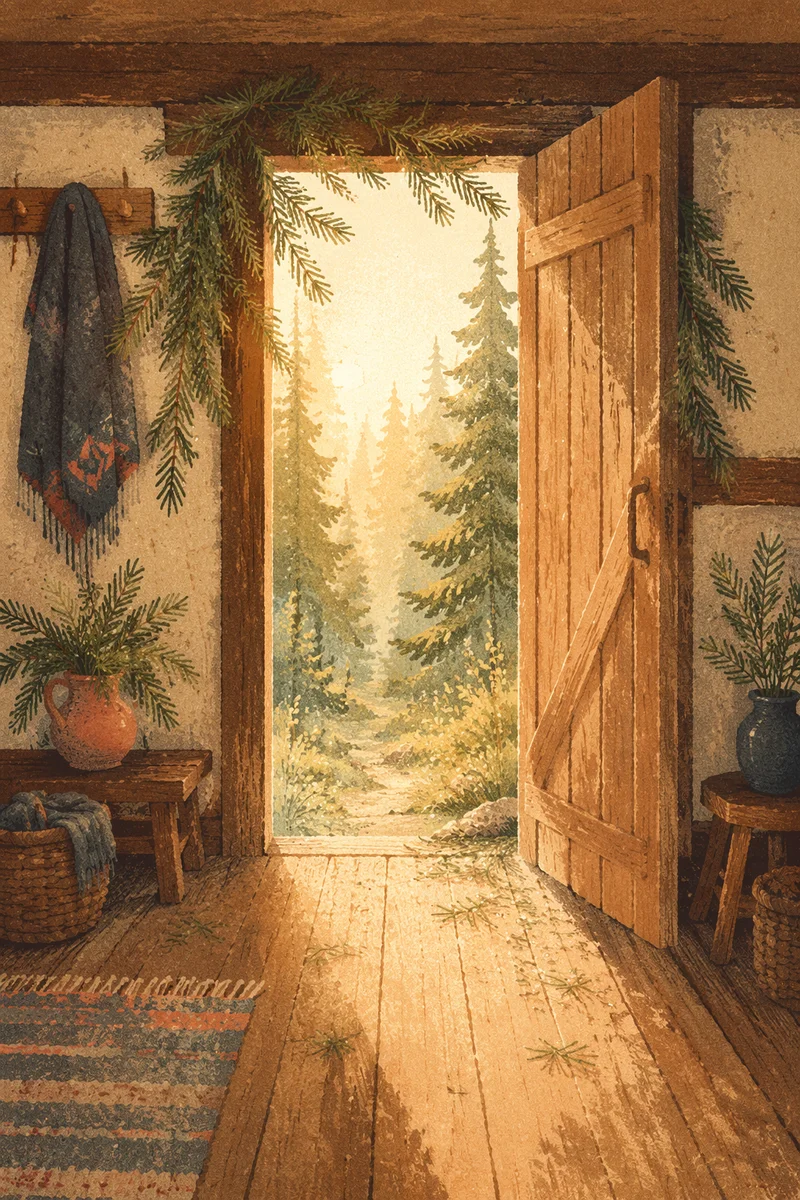 Open Cabin Door to Evergreen Morning Light