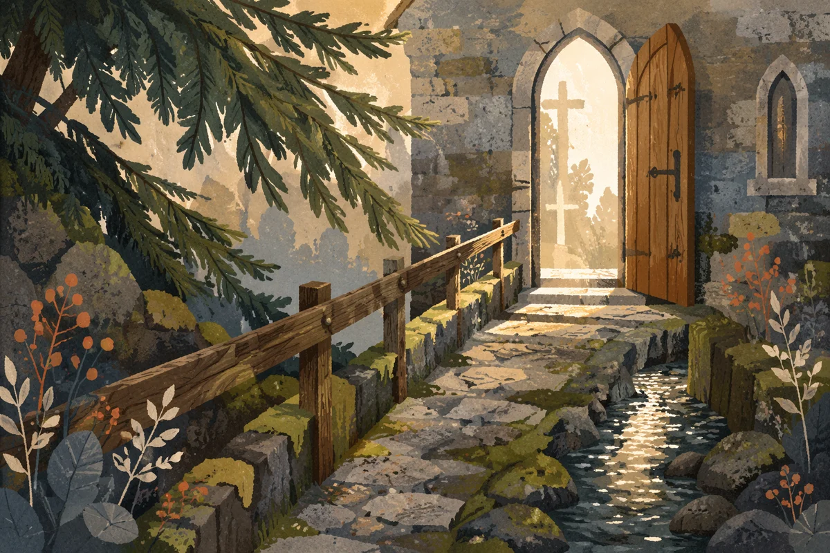 Open Chapel Door With Evergreen Morning Light