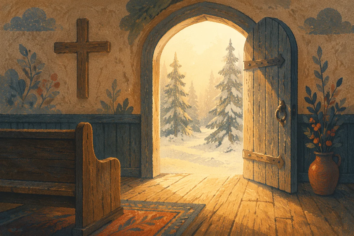 Open Chapel Door with Golden Dawn Light