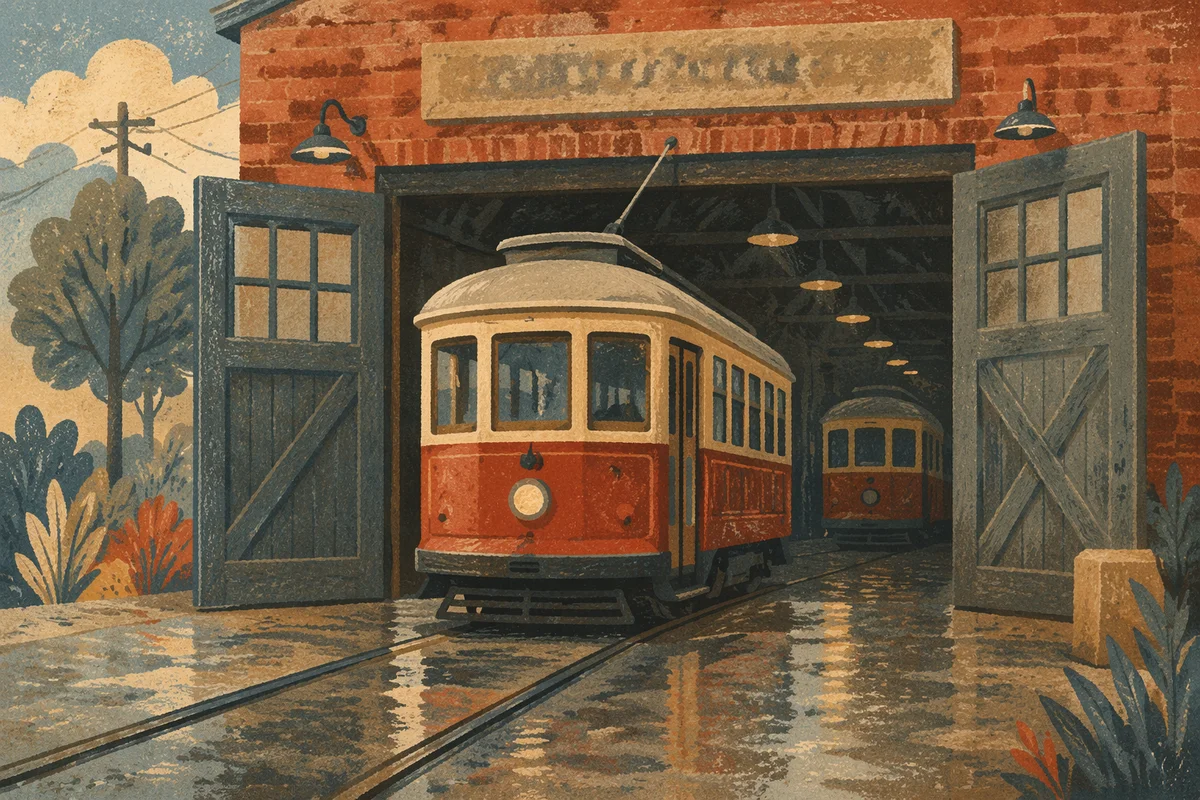 Vintage Streetcar Emerging Through Sunlit Garage Door