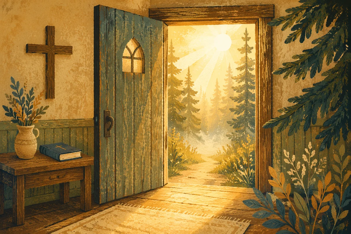 Open Chapel Door in Evergreen Light