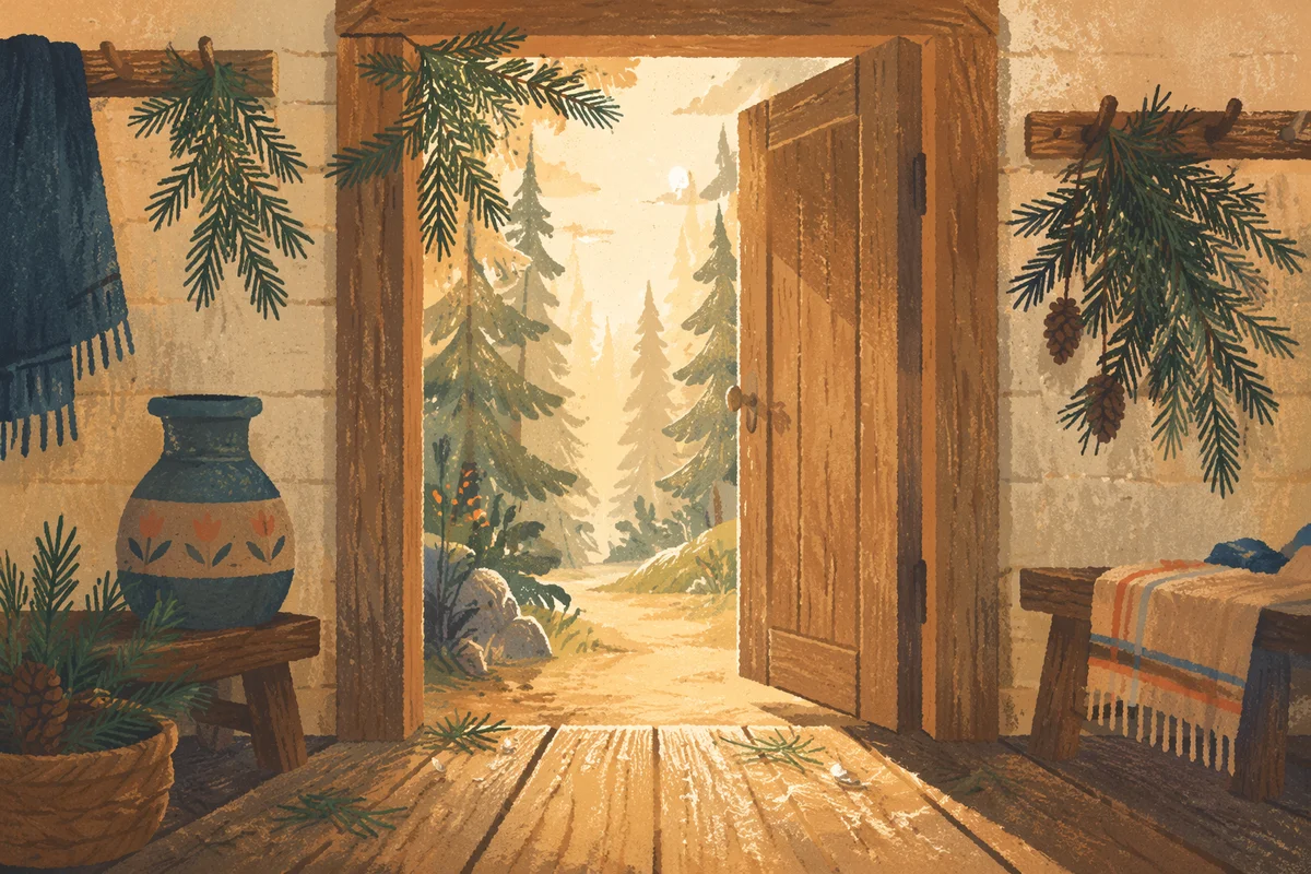 Open Wooden Door to Evergreen Morning Light