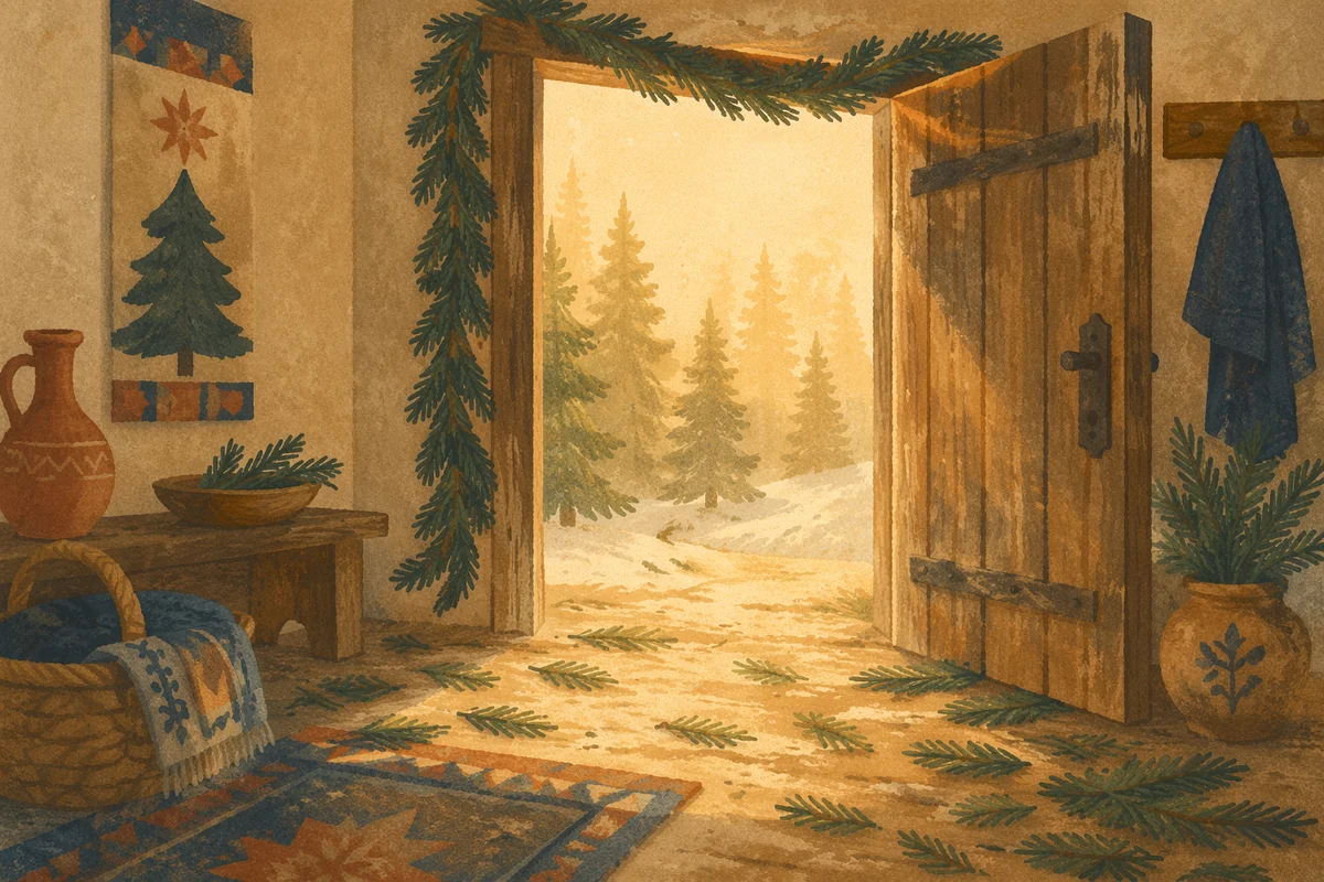 Open Rustic Door with Evergreen Morning Light