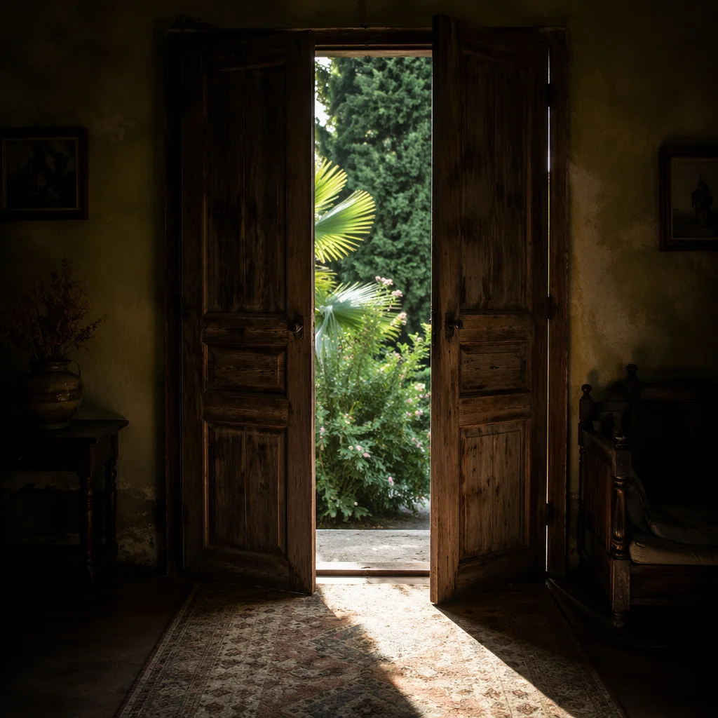 Open Rustic Door to Evergreen Light