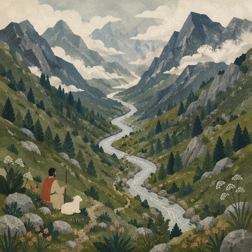 Misty Evergreen Valley with Peaceful River