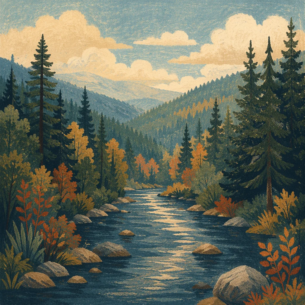 Peaceful River Through Evergreen Valley