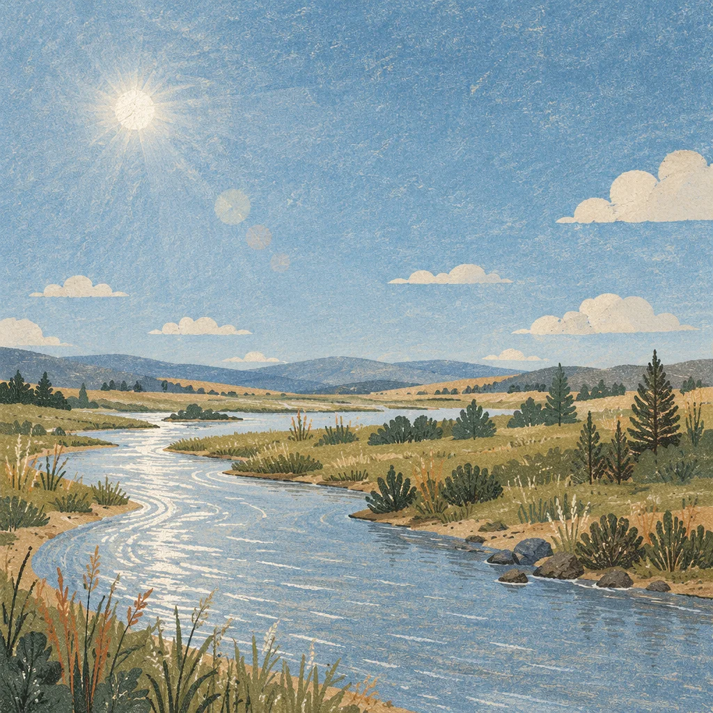 Peaceful River Valley with Evergreen Hills