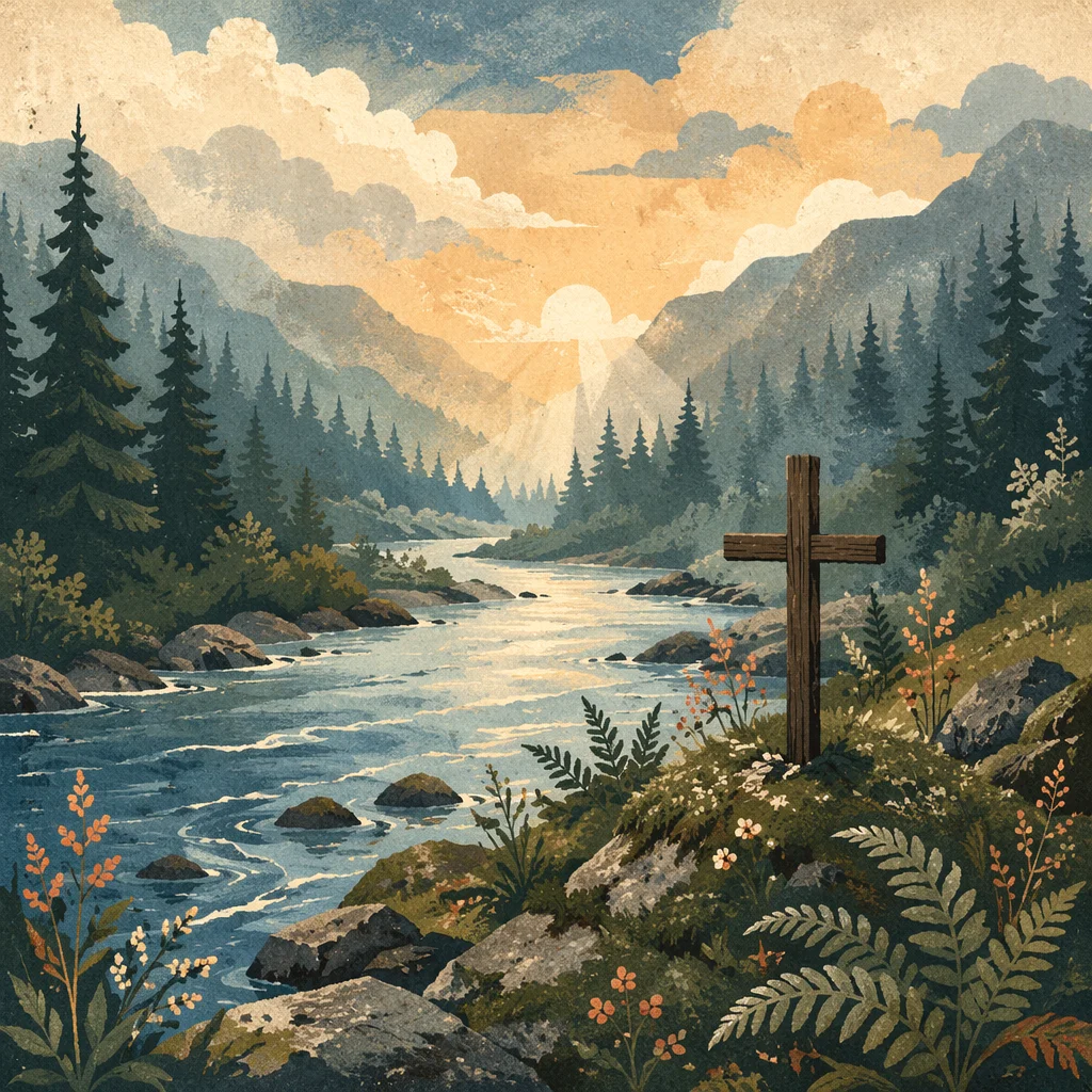 Peaceful Evergreen River Valley With Wooden Cross