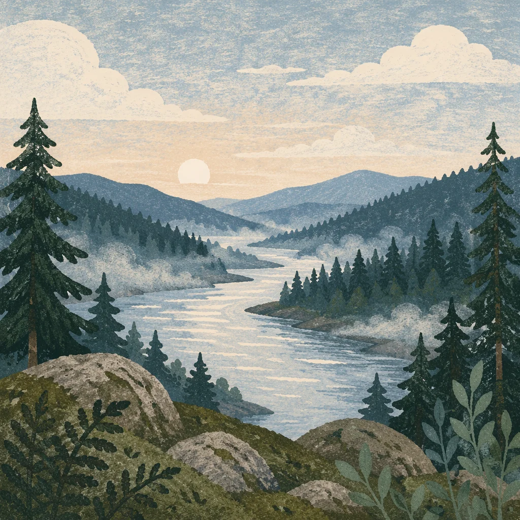 Peaceful Evergreen Valley River at Dawn