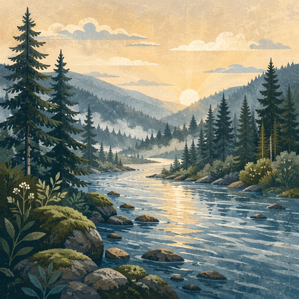 Peaceful Evergreen River Valley at Sunrise