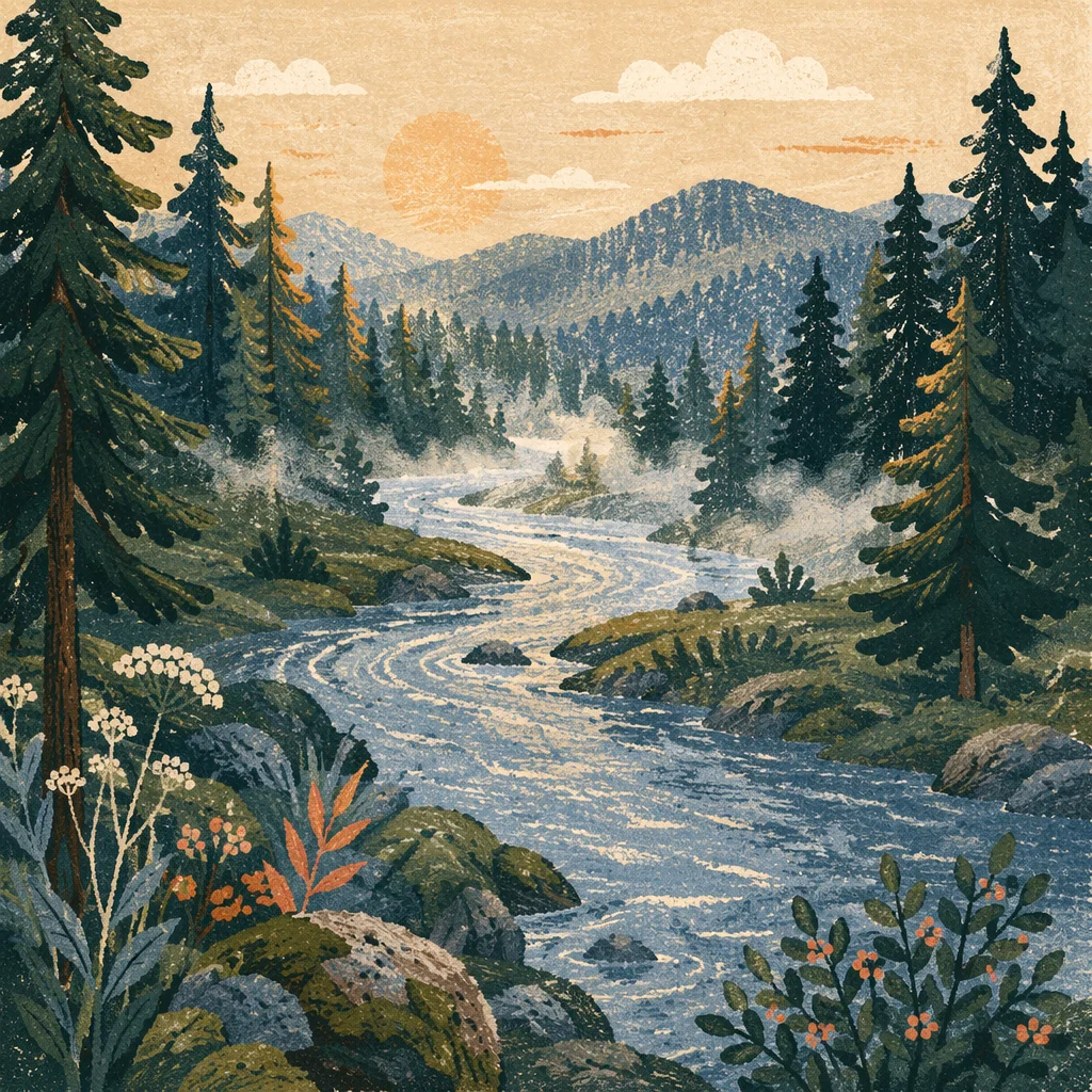 Peaceful River in Evergreen Valley Morning