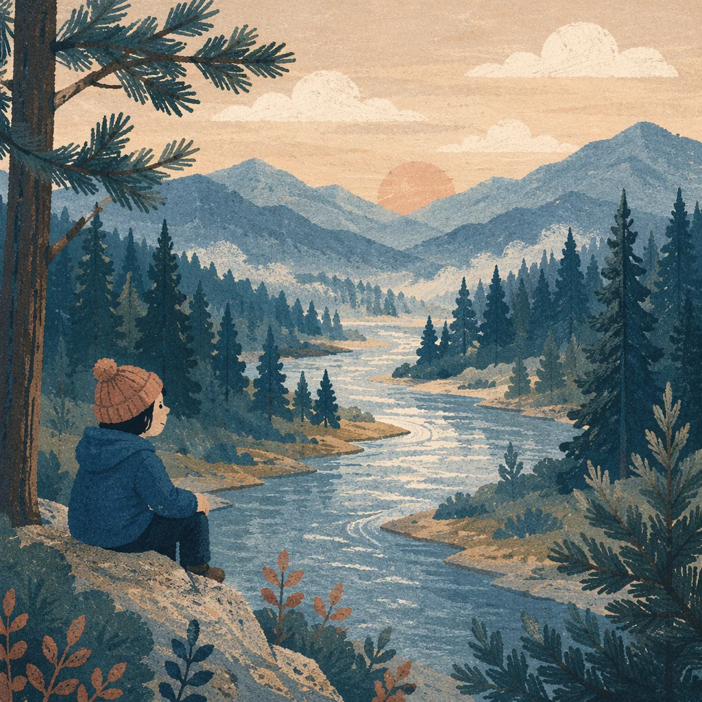 Peaceful Evergreen River Valley at Dawn