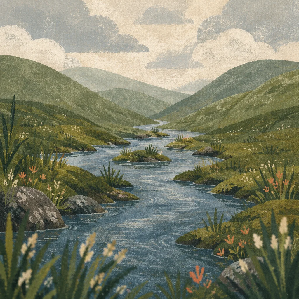 Peaceful River Through Evergreen Valley