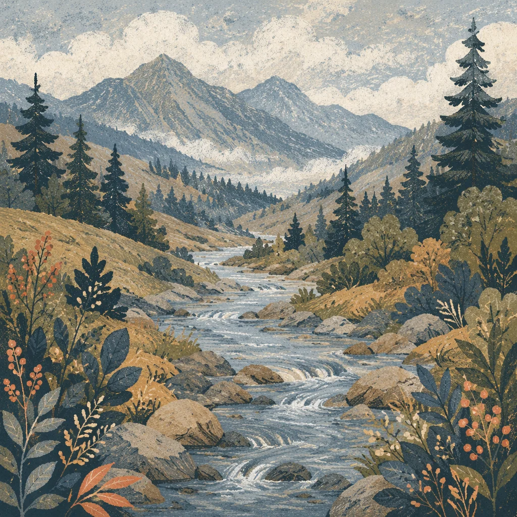 Peaceful River Through Evergreen Valley