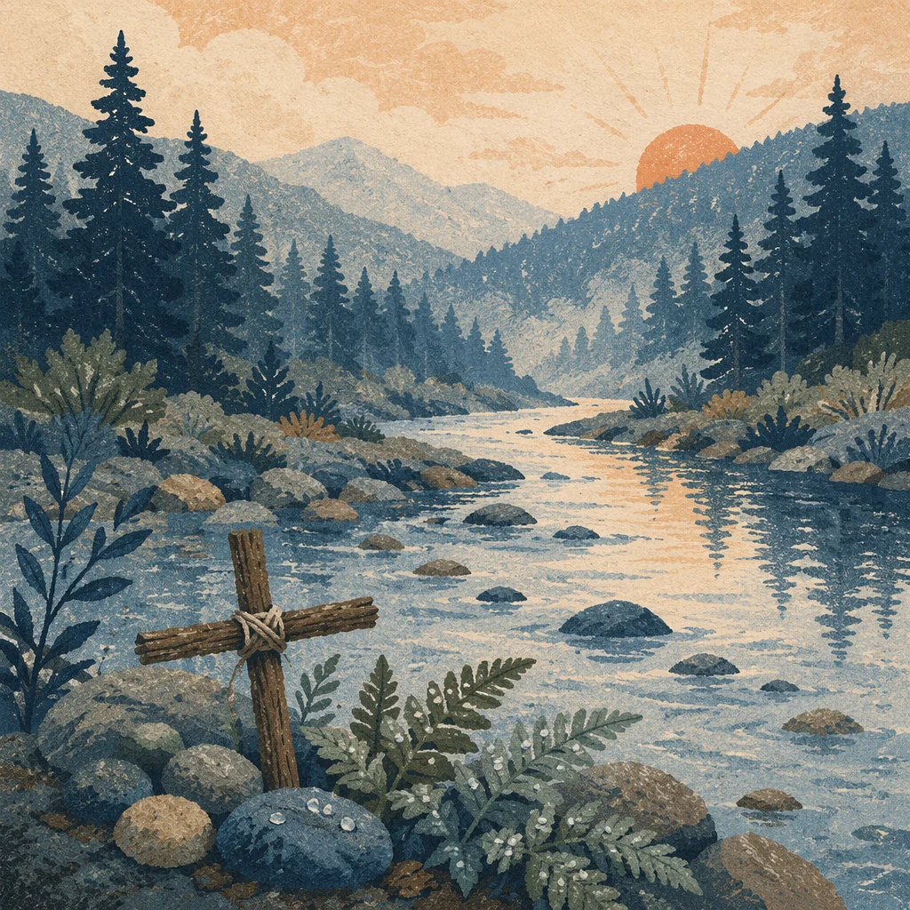 Peaceful Evergreen Valley River with Wooden Cross