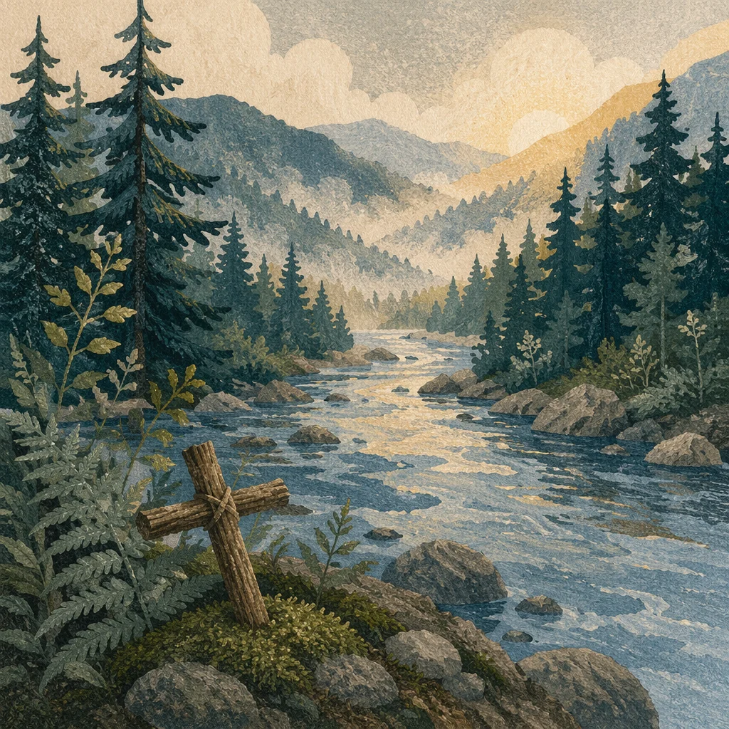 Peaceful Evergreen River Valley at Dawn