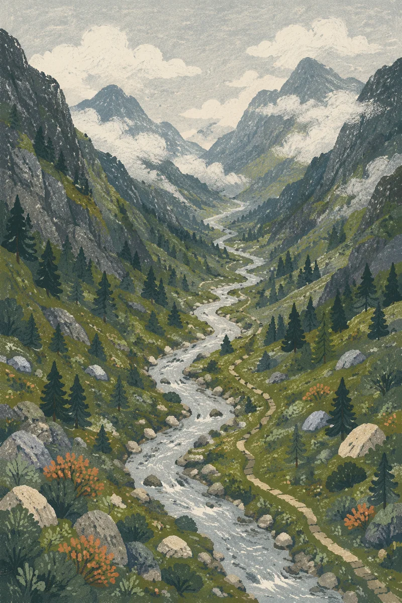 Peaceful River Through Evergreen Mountain Valley
