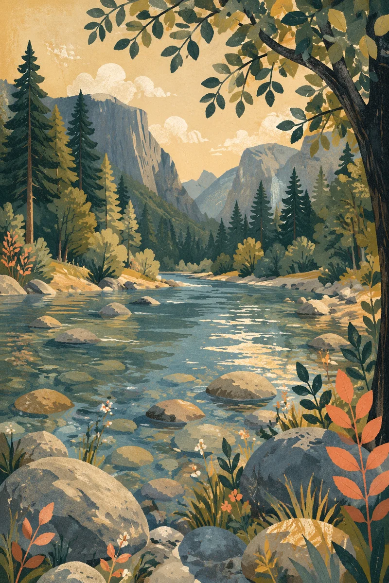 Peaceful Evergreen Valley River Morning Light