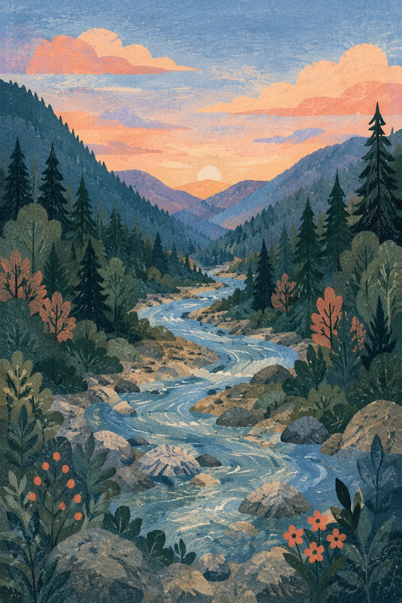 Peaceful River Through Evergreen Valley