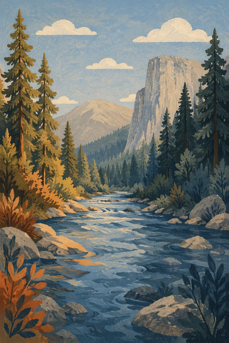 Peaceful River Through Evergreen Valley