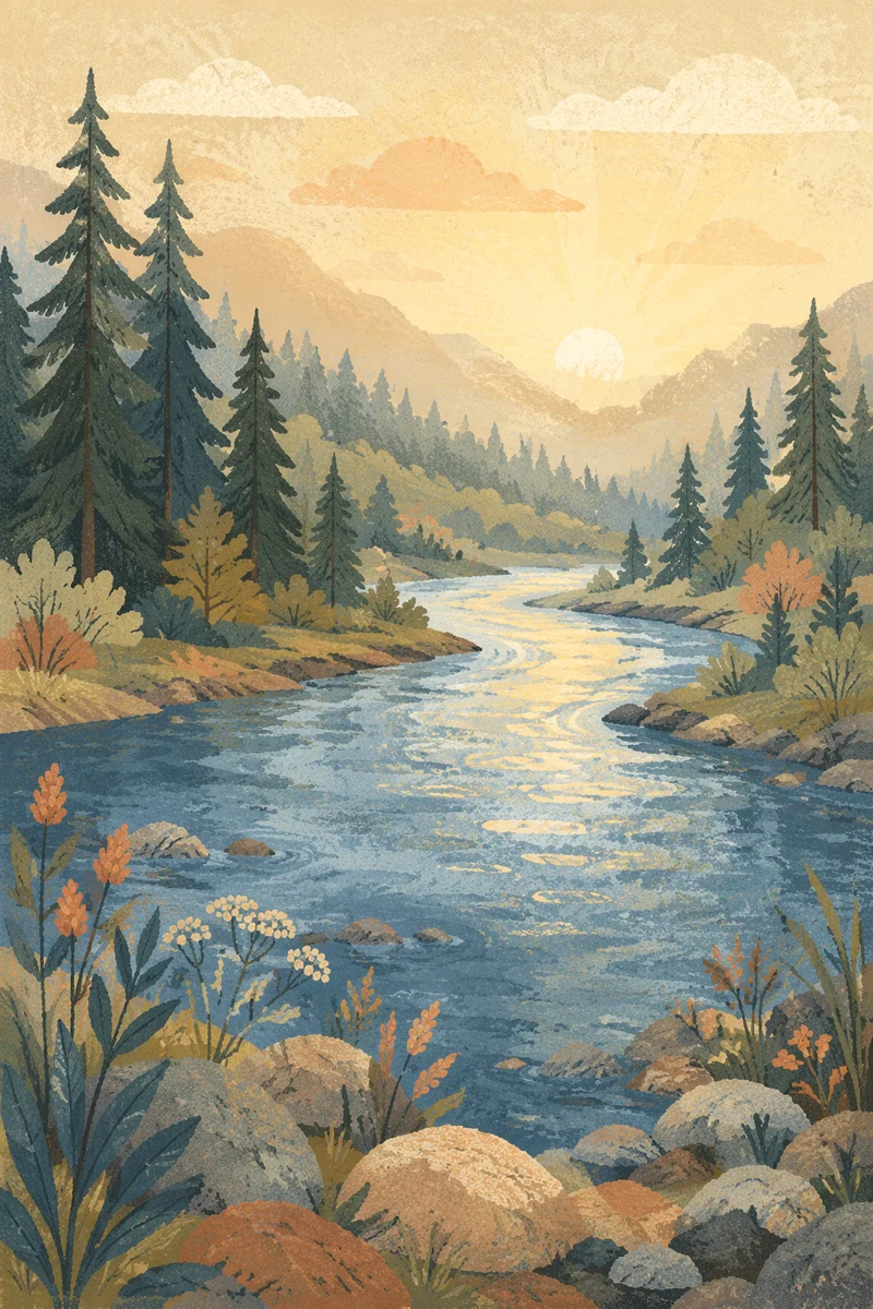 Peaceful Evergreen River Valley at Dawn