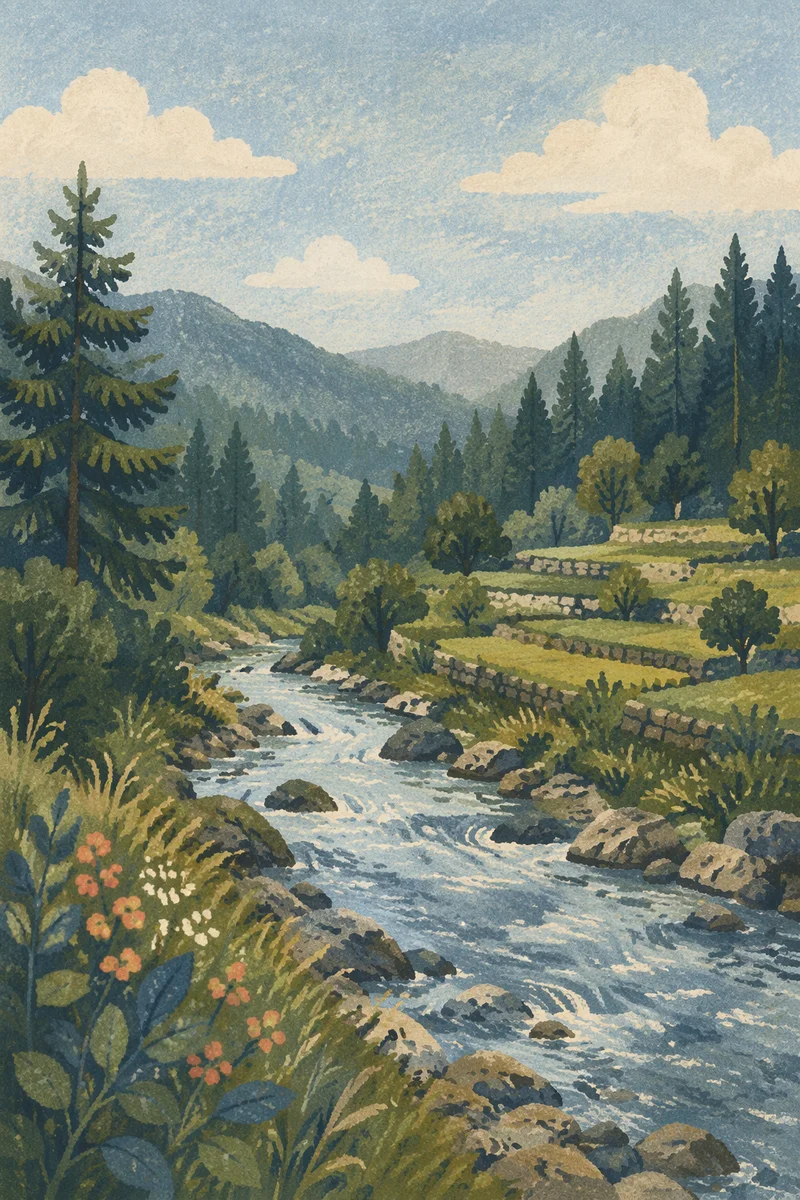 Peaceful River Through Evergreen Valley