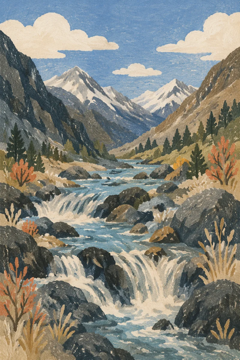 Peaceful Mountain River Through Evergreen Valley
