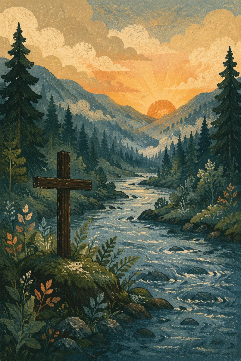 Peaceful Evergreen River Valley with Wooden Cross