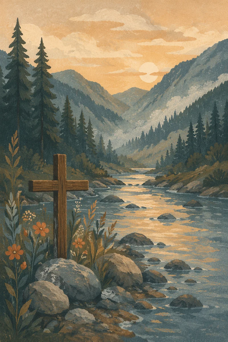 Peaceful River Valley with Wooden Cross